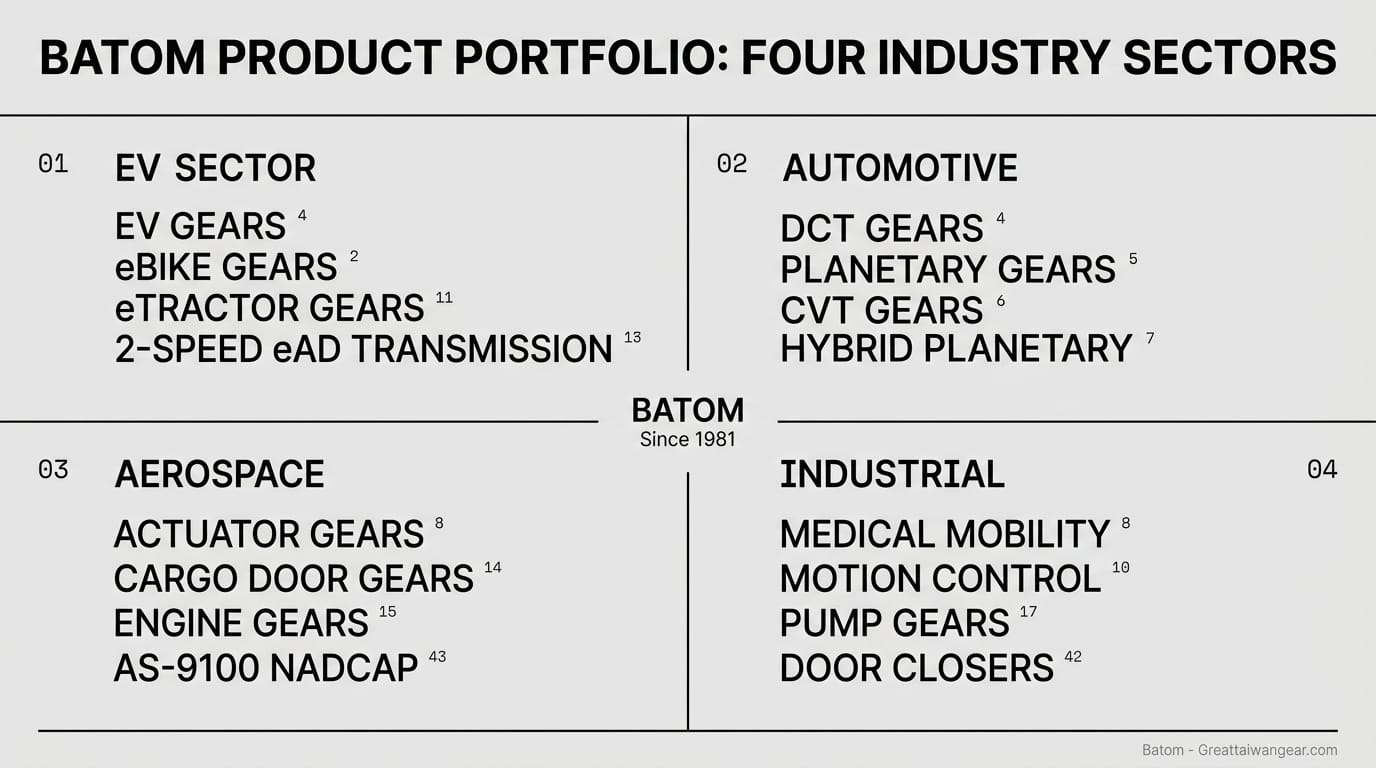 Batom product portfolio: EV, Automotive, Aerospace, and Industrial gear capabilities